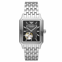【EMPORIO ARMANI】亞曼尼 公司貨 復古方形鏤空面板不鏽鋼機械腕錶/銀x黑面(AR60057)