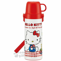 小禮堂 Hello Kitty 兩用不鏽鋼水壺《紅白.格子.吊帶褲》600ml.保溫瓶