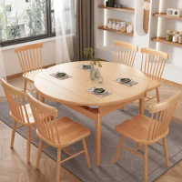 Nordic all-solid wood dining table and chair combination simple telescopic folding log color dining table household round table