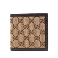 【GUCCI 古馳】經典GG 帆布牛皮滾邊對開零錢袋短夾(咖啡色)