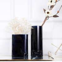 費靈家居藍色光扁形玻璃花器 北歐現代藝術簡約花瓶擺件 插花創意