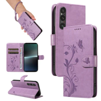 Leather Case For Sony Xperia 1 V With Magnetic Closure Stand Function Almond Blossom Pattern Phone Cover