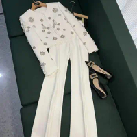 Tesco Beading Luxury Round Neck Short Blazer Suit For Women Split Flare Pants Sets Diamond Women's Elegant Suit 2 Piece 2024