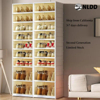 NLDD Expandable 9-Tier Shoe Rack with Clear Doors and Wheels: Collapsible Plastic Storage for 18 Pai