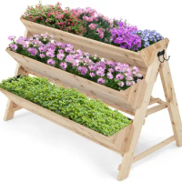 3-Tier Vertical Garden Bed, Wooden Elevated Planter Bed w/Legs, Storage Shelf, 2 Hooks, Raised Bed Kit for Flower Vegetable Herb