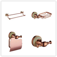 4 PCS Rose gold Brass and Marble Bathroom hardware accessories set Towel rack bar Paper holder Robe hook Soap basket holder