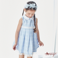 Annys安妮公主-精緻雕花小圓領拼接春夏款無袖橫條洋裝*9532水藍