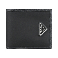 PRADA Re-Nylon三角鐵牌銀字LOGO環保尼龍8卡對開短夾(男款/黑)
