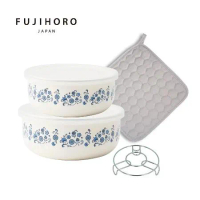 【FUJIHORO富士琺瑯】圓形琺瑯保鮮盒14+16cm-小藍花+不鏽鋼網架1入+鍋墊隔熱手套-正方形-灰