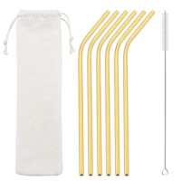 Gold 6Pcs Reusable Metal Straws Set with Cleaner Brush 304 Stainless Steel Drinking Straw Milk Drinkware Bar Party Accessory