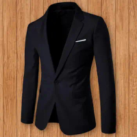 Men Blazer Single Button Solid Color Turndown Collar Plus Size Slim Pockets Suit Coat for Office