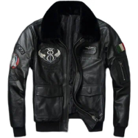 Genuine Cowhide Men Leather Coat Natural Fur Mens Leather Jacket Winter Coats Flight Jackets Men Leather Biker Jacket