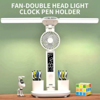 LED Table Lamp Double-headed Multifunction Foldable Touch With Fan Calendar Clock Desk Lamp USB Chargeable Dimmable Reading Lamp