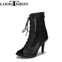 Loogtshon salsa dance shoes woman Latin dance shoes black shoes for women Long Boots Hollow Diamond Shoes Black Dance Heel High