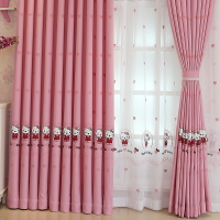 韓式粉色KT貓窗簾棉麻繡花兒童卡通女孩臥室落地飄窗成品遮光布紗