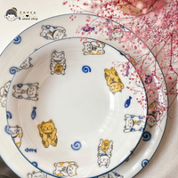 進口美濃燒招財貓小魚招福陶瓷釉下彩貓咪盤子碗面碗餐具