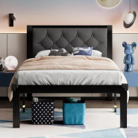 Queen Size Metal Bed Frame with Faux Leather Button Tufted Headboard, Heavy-Duty Platform Bed Frame with 12" Storage,