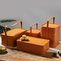 異興竹編收納盒家用收納籃食盒帶蓋日式茶具茶道點心竹筐手提籃子