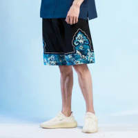 Japanese Style Men Vintage Pants Samurai Cotton Linen Shorts Trousers Wave Ukiyo-e Print Leisure Harem Kimono Clothes Streetwear
