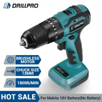 Drillpro 10mm/13mm Brushless Impact Drill Electric Drill 20+3 Torque Screwdriver Drill Power Tool for Makita 18V Battery