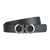 【Salvatore Ferragamo】SALVATORE FERRAGAMO GANCINI金屬LOGO雙面設計小牛皮釦式皮帶(寬版/黑x深棕)