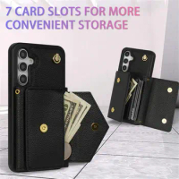 7 Cards Slot Purse Leather Phone Case For Samsung Note 20 Ultra A14 A54 A52 A53 A13 A04S Lanyard Strap Wallet Stand Cover 50pcs