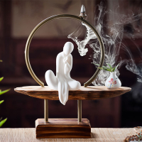 新中式禪意擺件佛光系列倒流香爐觀煙木頭底座玄關裝飾香薰爐