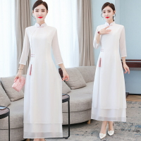 春夏中國風復古仙女白色茶人服立領雪紡長款連衣裙女裝