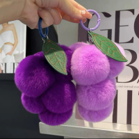 Purple faux rex rabbit fur bag, soft grape pendant, grape car keychain accessory.