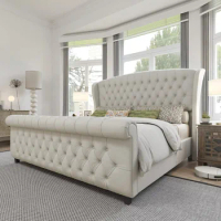 King Size Bed Frame, Chenille Upholstered Sleigh Beds with Scroll Wingback Headboard &amp; Footboard/Button, King Size Bed Frame