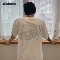 404MOB超火燙鉆短袖T恤男女個性潮流寬松純棉半袖上衣oversize潮