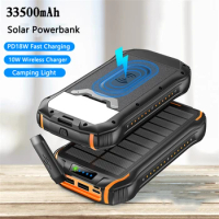 PD 20W Solar Power Bank 33500mAh Fast Qi Wireless Charger Powerbank for iPhone 14 13 Samsung Xiaomi Poverbank with Camping Light
