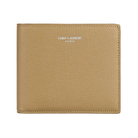 【YSL】YSL SAINT LAURENT經典銀字LOGO小牛皮8卡對折短夾(柚木棕)