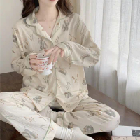 French Pajama For Women Spring Autumn Long Sleeve Trousers Casual Home Sleepwear Set Sweet Print Cardigan lapel Ladies Nightgown