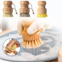 Bamboo Dish Scrub Brushes Kitchen Wooden Cleaning Scrubbers for Washing Bowl Cast Iron Pot Short Handle Natural Sisal Bristles