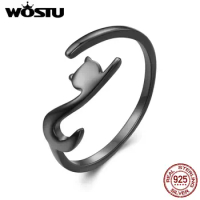 WOSTU 925 Sterling Silver Black Gold Cool Kitty Cat Opeing Ring For Women Adjustable S925 Animal Ring Girl Bithday Jewelry Gift