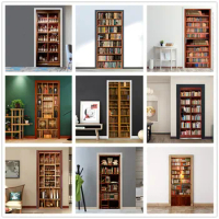 3D Wallpaper Library Bookcase Bookshelf Door Sticker Self-Stick Wine Cabinet Poster For Bedroom Study Home Door Decoration Decal