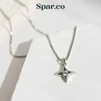 Spar.co Kalung  Rantai Silver Italy  Liontin Bintang Empat Sudut Kecil Platinum Zircon - Light Luxur