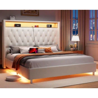 Bed Frame LED King Size With Charging Station Upholstered Bed Frame With Headboard Storage Bed Frame