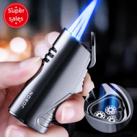 New Jobon Windproof Lighter With Cigar Tool Knife Blue Flame Metal Triple Torch Jet Men's Gift