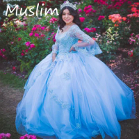 Princess Sky Blue Quinceanera Dress 2023 Mexican Flare Long Sleeve Ball Gown Prom Dress V Neck Lace Vestidos Para Xv 15 Birthday
