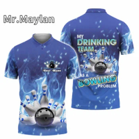 Customized Bowling Strike On Blue Fire 3D Polo Shirt Best Shirt For Team Bowling Tshirt Bowling Uniform Lover Tee Gift For Boy
