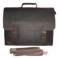 Vintage Crazy horse Leather Briefcase Men business bag laptop Tote Hand shoulder 14"inch Laptop