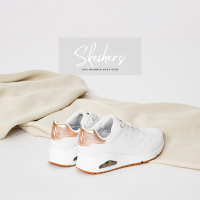 Skechers 休閒鞋 Uno-Shimmer Away 寬楦 白 玫瑰金 女鞋 氣墊 膠底 緩震 厚底 155196WWHT