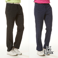 【Lynx Golf】男款防潑水四面彈性山貓精美壓光印後腰LOGO針織帶剪接平口休閒長褲(二色)