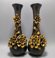 古玩收藏家居裝飾工藝品純銅花瓶一對花開富貴銅花瓶浮雕牡丹花瓶