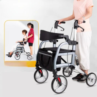 The elderly can sit on a trolley, hold a shopping cart on four wheels, and fold a lightweight walking aid