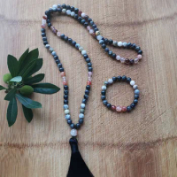 Jewelry,Necklace,8mm Beaded Necklace,Mala,Meditation Necklace,108 Mala Beads,Gray Yoga Jewelry Fire Quartz, Black Labradorite