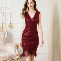 Women V Neck Beaded Fringed Tassels Cocktail Prom Wedding Party 1920s 30S V-Neck Flapper Great Gatsby Flapper Dress Size XS-3XL