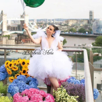 White Puffy Tulle Tutu Women Summer Dress V Neck Sleeveless Fluffy Mini Party Gowns For Cocktail Party Short Brithdays Party Dre